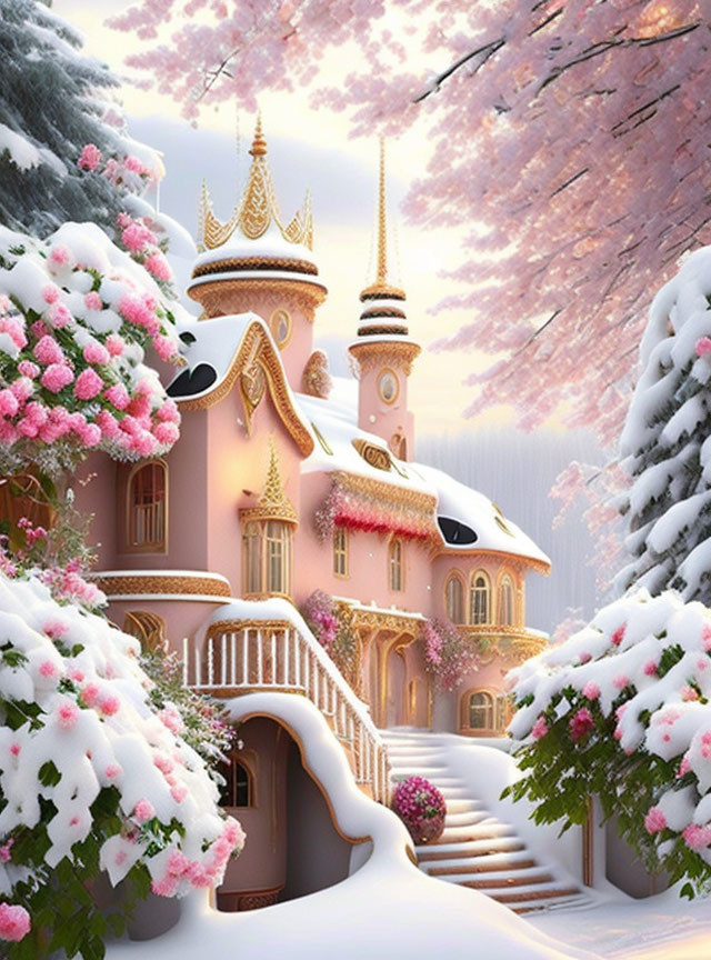 Pink Castle with Golden Roofs Amid Snow-Covered Trees & Cherry Blossoms