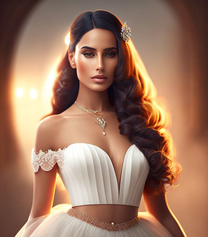 Dark-haired woman in off-shoulder white gown and jewelry against blurred background