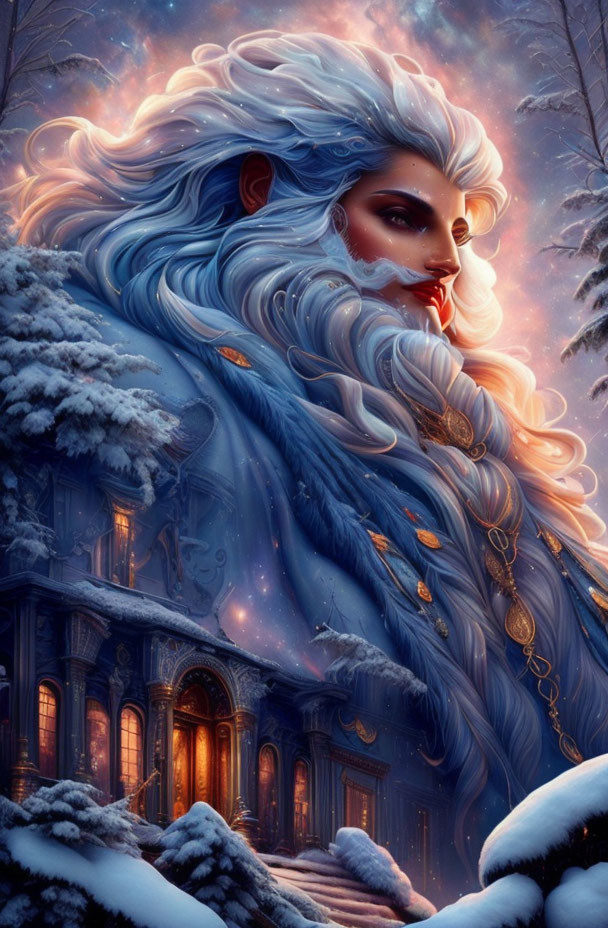 Fantasy figure with blue hair and beard in snowy mystical scene.