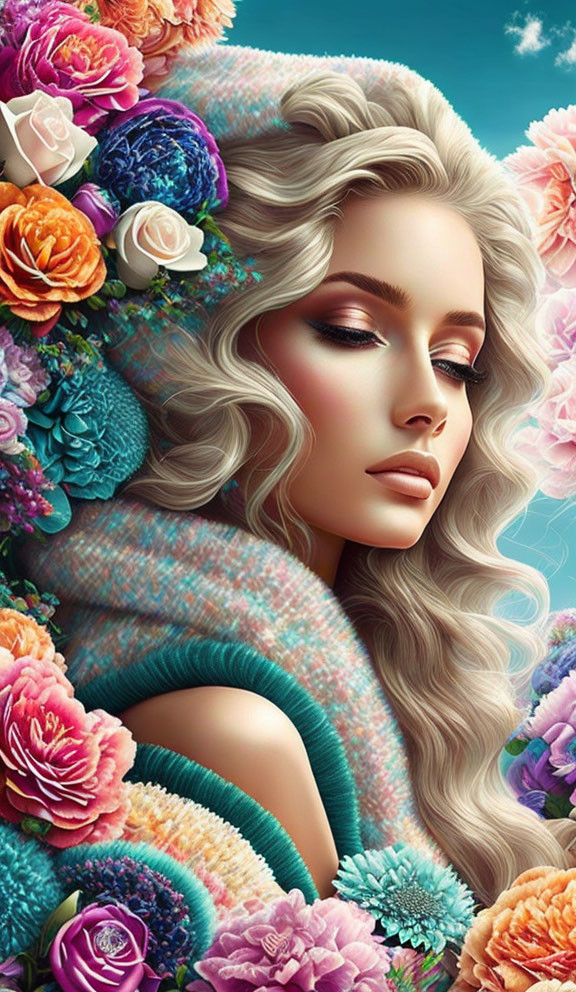 Blonde Woman Surrounded by Colorful Flowers and Pastel Textures