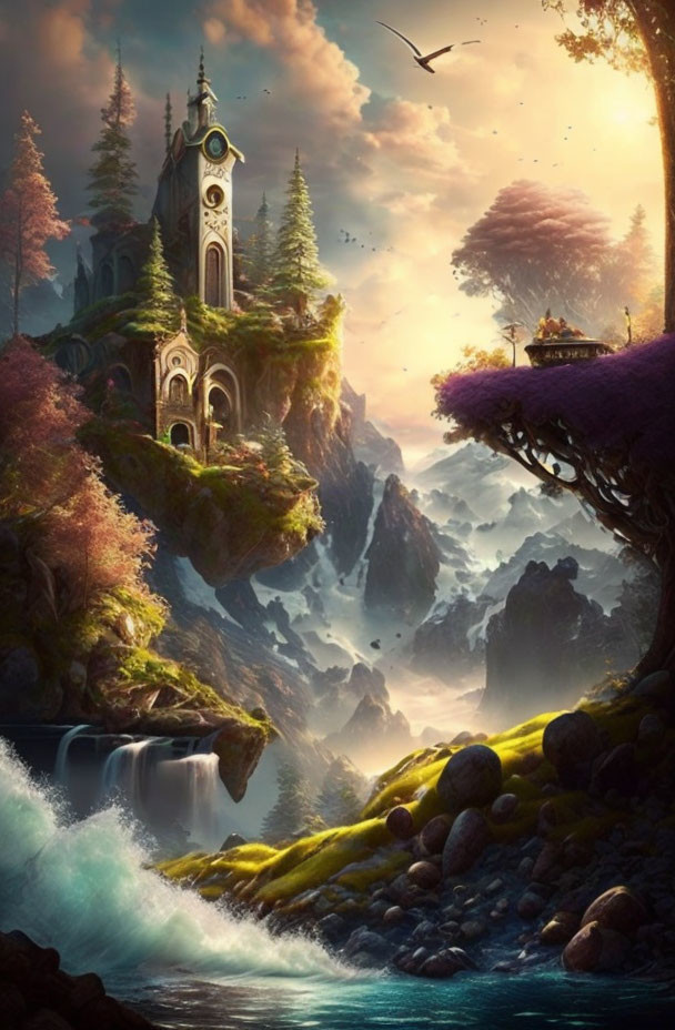 Fantasy landscape with waterfall, river, church on rocky peak, lush greenery, warm sunlight,