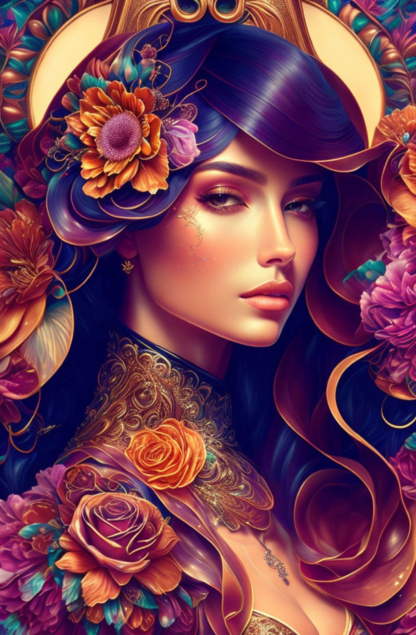 Vibrant digital artwork: Woman with purple hair, ornate flowers, and gold embellishments