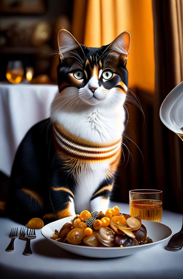 Striped scarf cat at dining table with food and juice