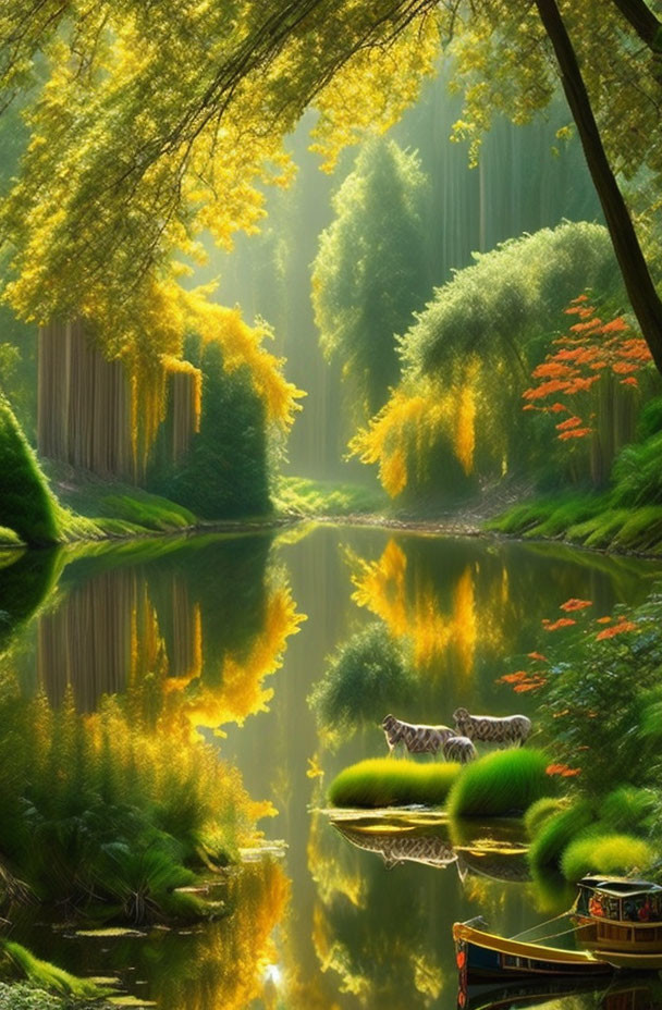 Digital artwork: Serene tiger on lush riverbank with vibrant vegetation