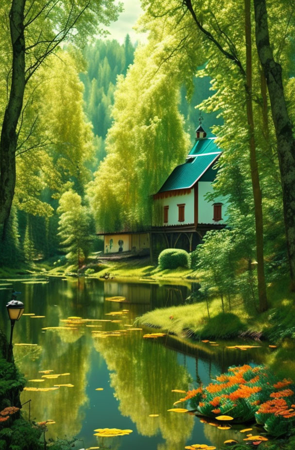 Tranquil forest landscape with pond and blooming flowers