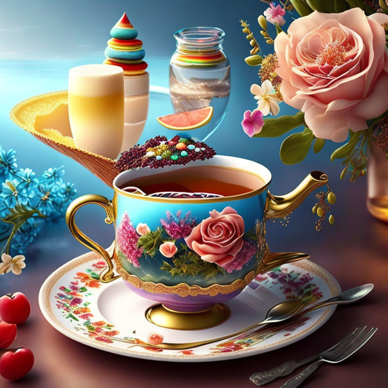 Colorful still life with ornate tea cup, flowers, sweets, fork, knife, and floral