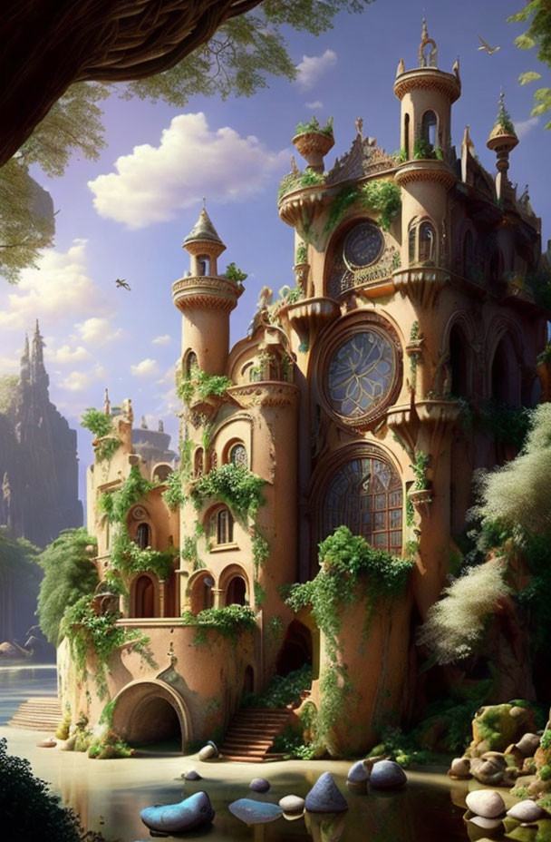 Ornate castle towers with clock in lush forest near serene pond