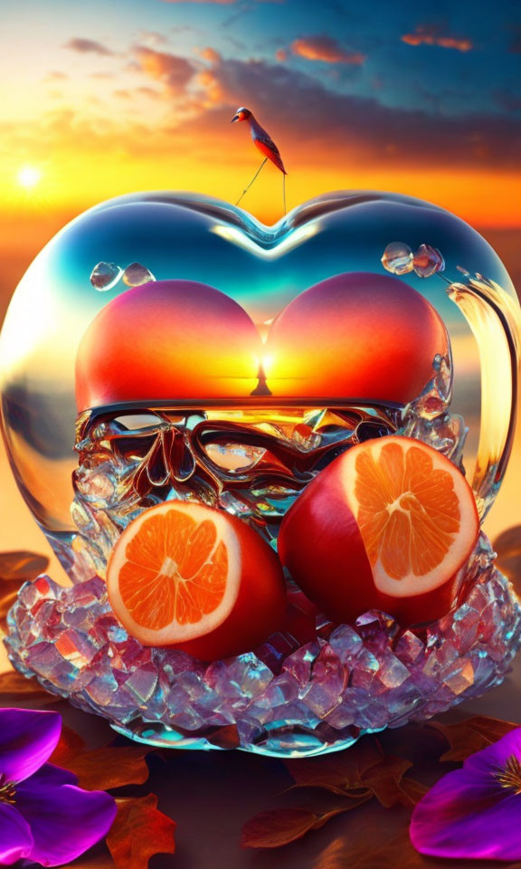 Shiny heart-shaped object with orange slices, crystals, bird, sunset, flowers