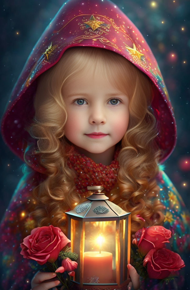 Child in red cloak with lantern among roses under starry sky