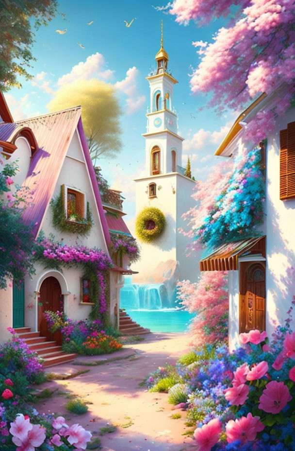 Fantasy village with pink trees, waterfall, and tower under blue sky