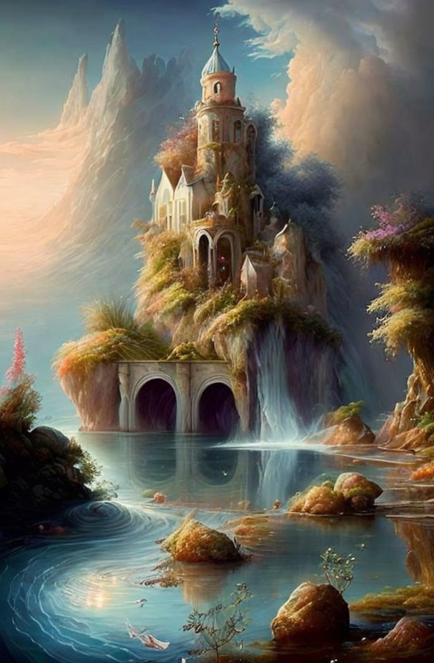 Majestic castle on cliff with waterfalls in fantasy landscape