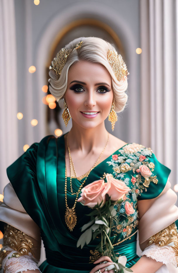 Traditional Attired Woman with Rose and Tiara in Ornate Setting