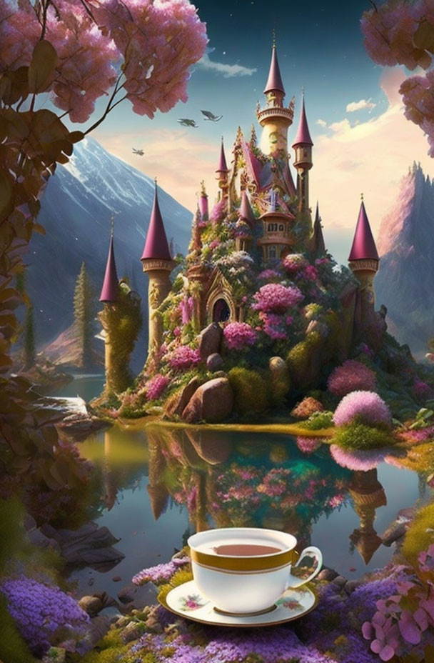 Whimsical fairy-tale castle illustration with teacup and mountains