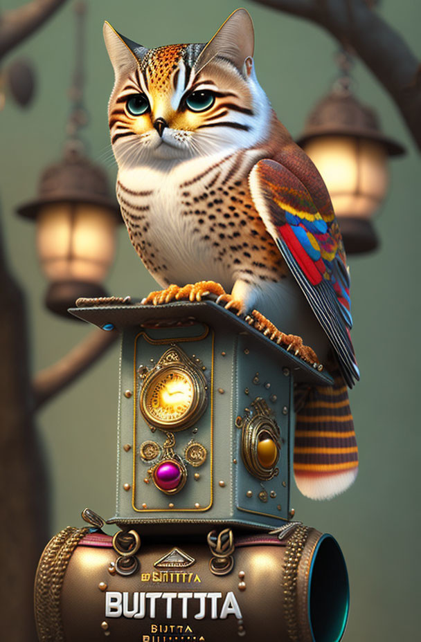 Colorful winged owl-cat creature perched on steampunk-style mailbox