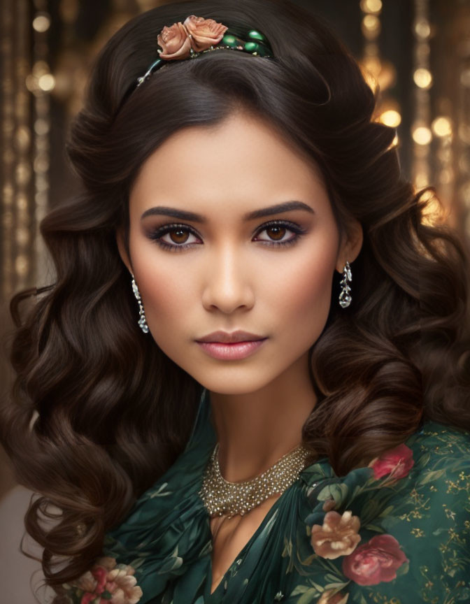 Styled woman with green hair accessory, striking makeup, floral outfit, and earrings on bokeh light background