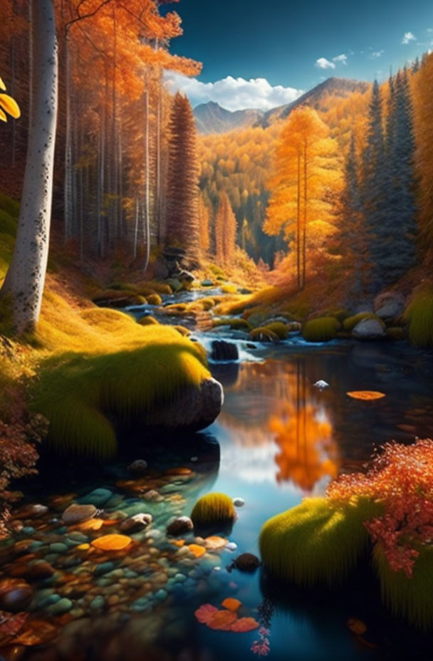 Tranquil autumn forest with blue stream and moss-covered rocks