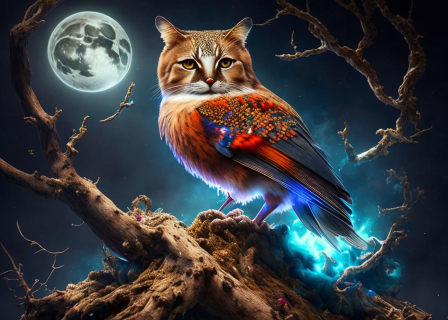 Surreal image of cat-owl hybrid on gnarled branch under full moon