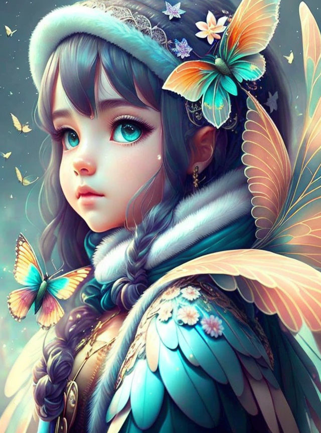 Vibrant digital illustration of girl with expressive blue eyes and butterfly wings