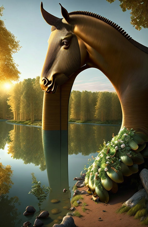 Gigantic horse-shaped sculpture by tranquil lake and forest