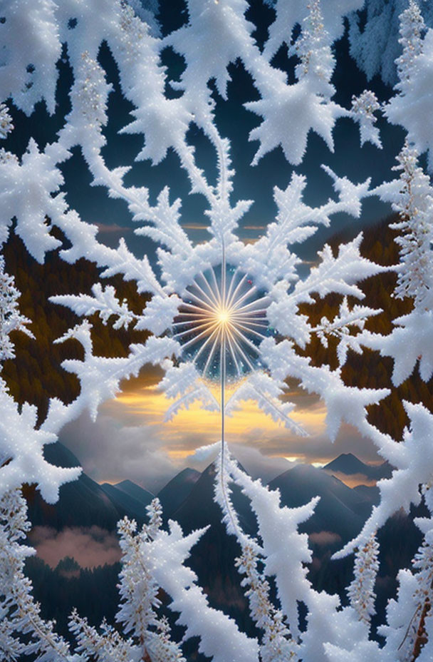 Delicate snowflake on mountains at sunset