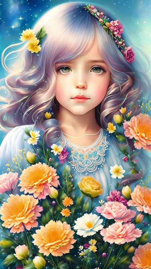 Digital Artwork: Young Girl with Lavender Hair and Flower Crown surrounded by Vibrant Flowers