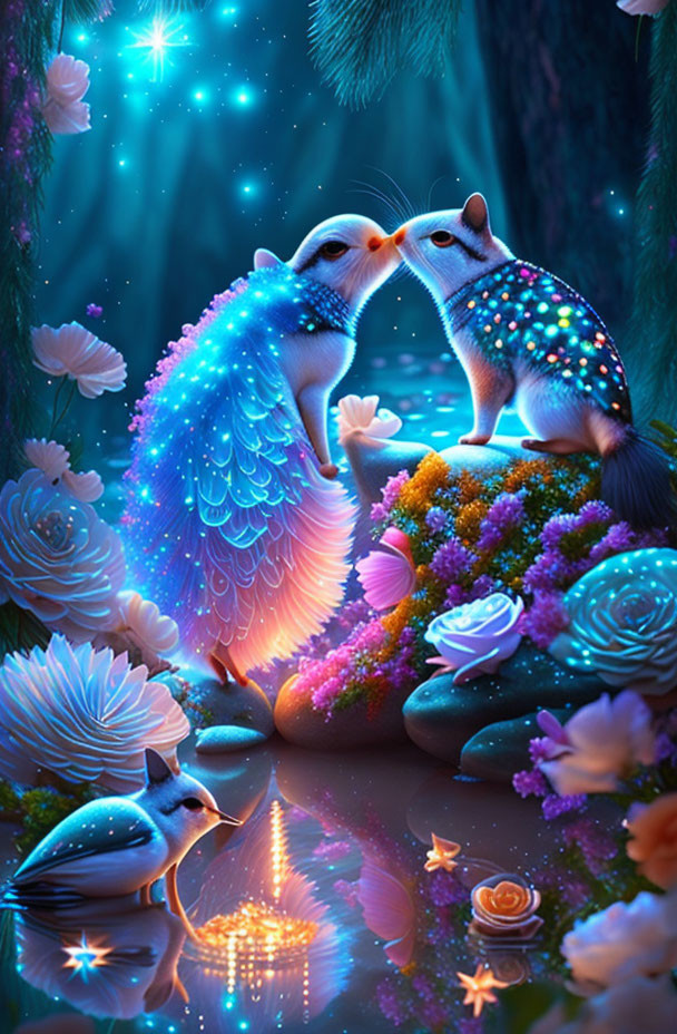 Bioluminescent birds touching beaks in fantasy starlit scene