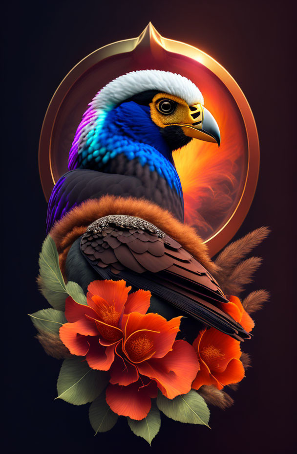 Colorful bird digital illustration on warm background with flowers