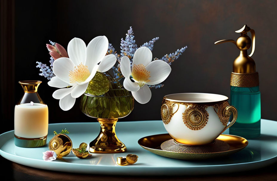 Luxurious Still-Life Arrangement with Gold-trimmed Cup, Candle, Perfume Bottle, and