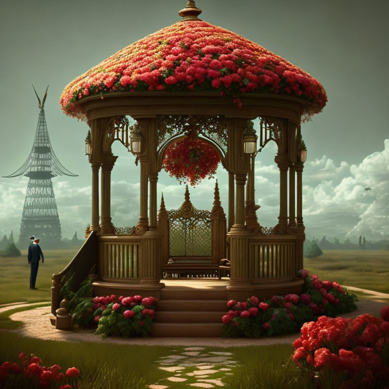 Wooden gazebo with red flowers, person in suit, teepee in serene landscape