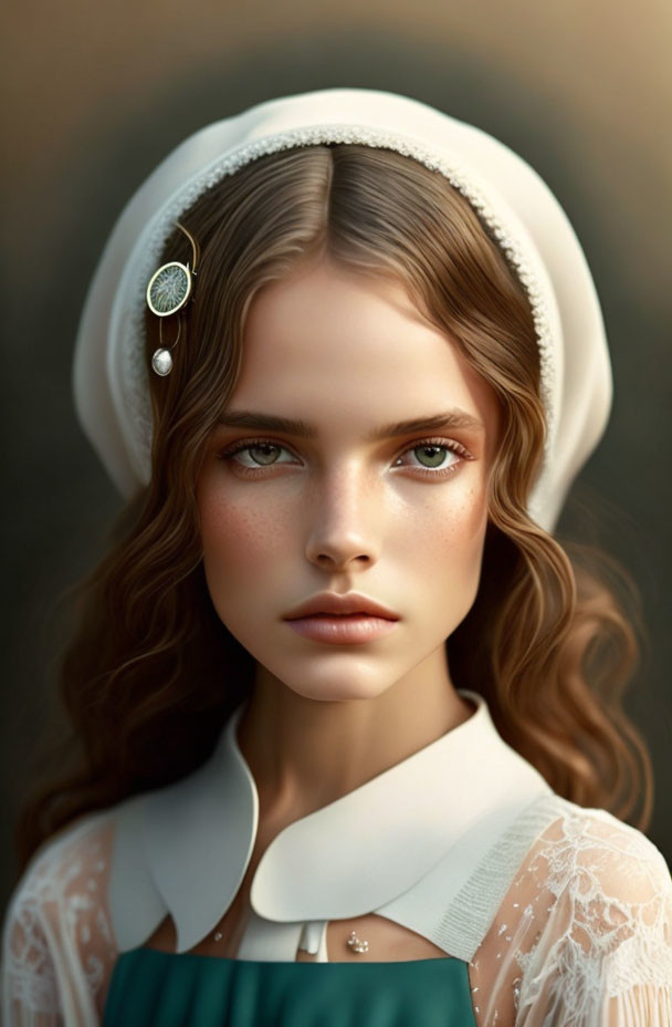 Portrait of young woman with wavy hair, white hat, green garment, and delicate earring.