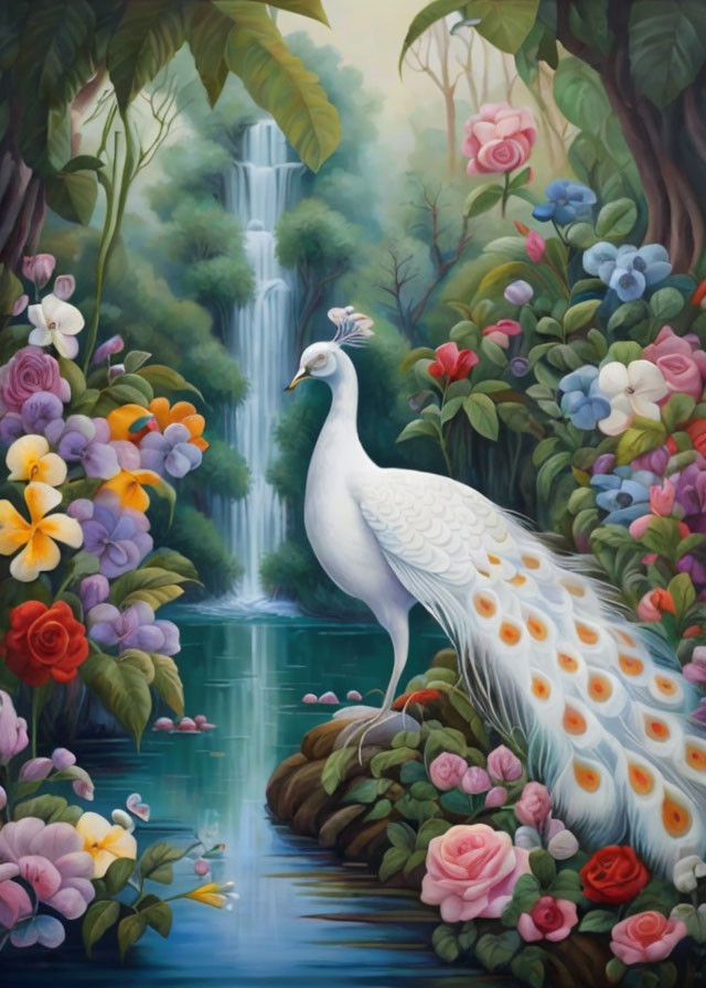 Colorful White Peacock Painting Among Flowers and Waterfall