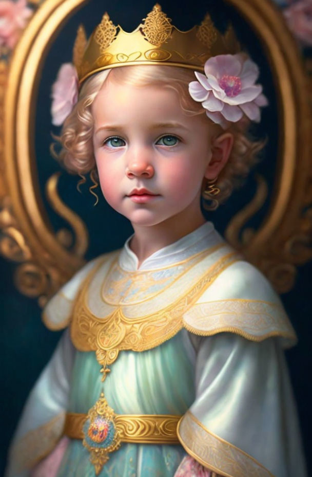 Young child with blue eyes and curly hair in gold crown and blue dress.