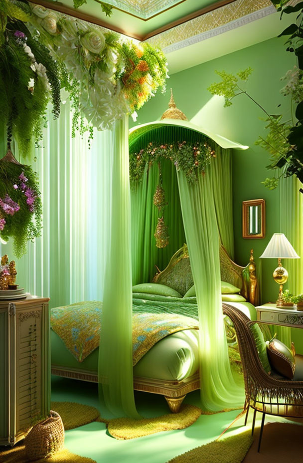 Green-themed Bedroom with Canopy Bed, Floral Decorations, and Armchair