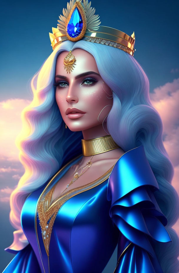 Digital artwork: Animated woman with blue flowing hair, golden crown, sapphire, blue gown on sky