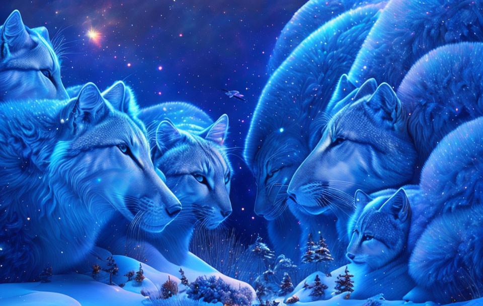 Blue-toned wolves and foxes in mystical night sky digital artwork