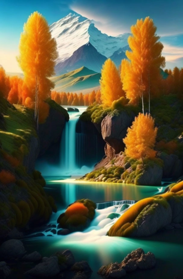 Tranquil waterfall in autumnal landscape with river and mountain