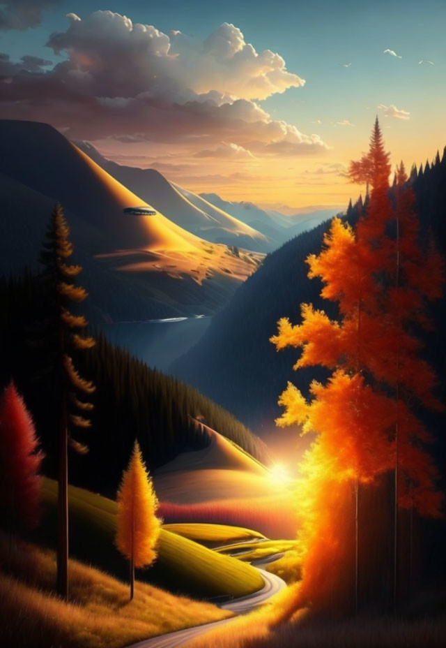 Tranquil sunset landscape with autumn trees, golden hills, winding road, river, mountains