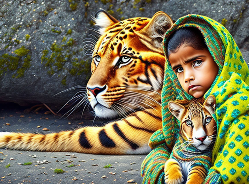 Young girl with striking eyes poses with tiger and cub in green and yellow shawl