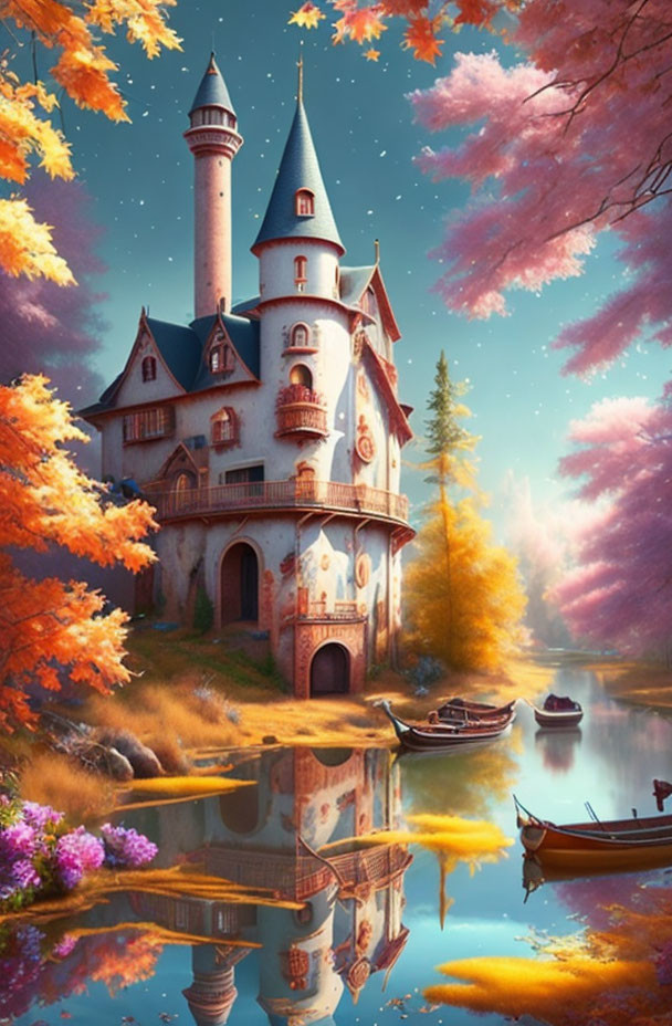 Fairytale castle towers reflected in calm lake with autumn trees, boats, and vibrant flowers