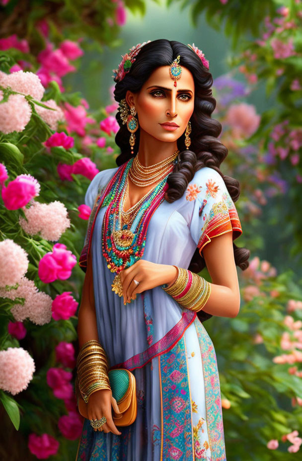 Traditional Indian Attire Woman Surrounded by Lush Flowers