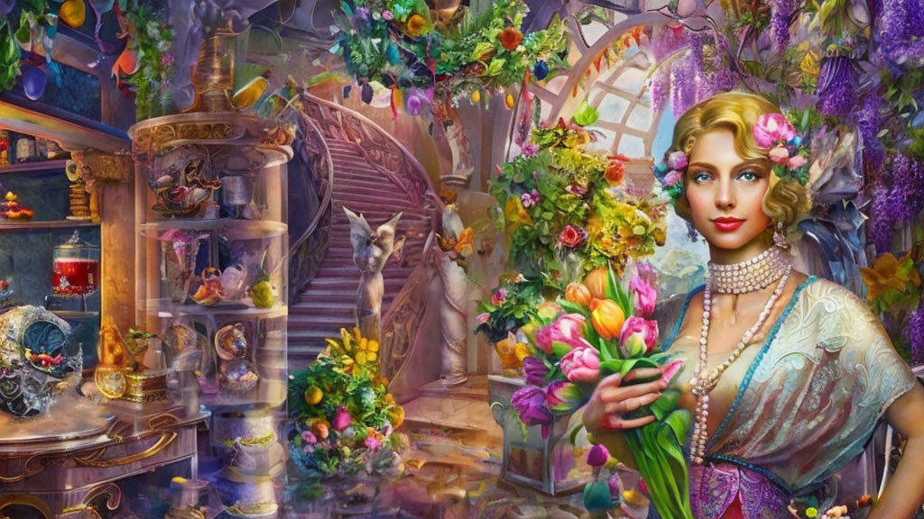 Golden-haired woman with tulips in fantastical room full of flora