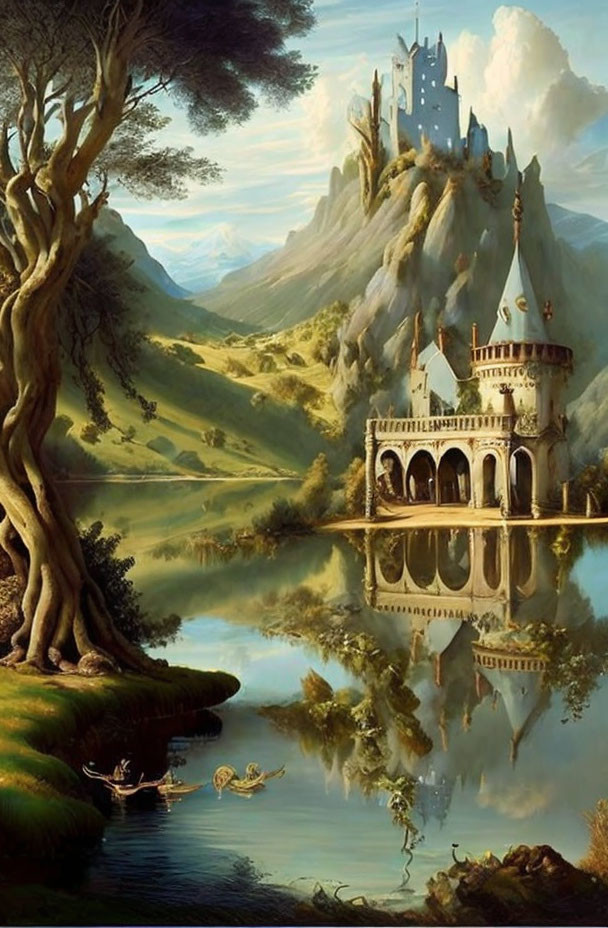 Fantasy landscape with castle, fortress, lake, tree, boat, and swans