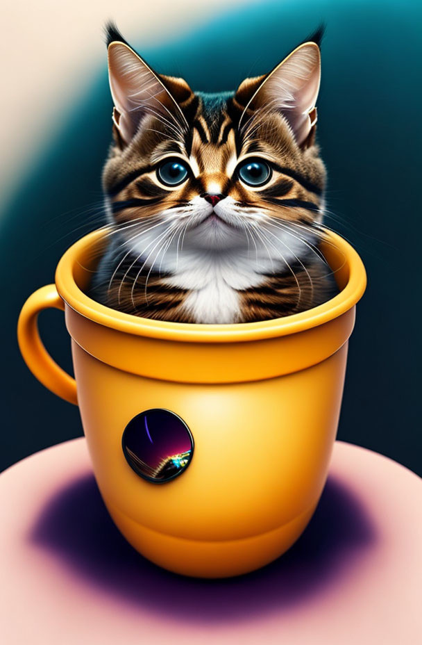 Digitally altered tabby cat with striking eyes in orange cup on teal background