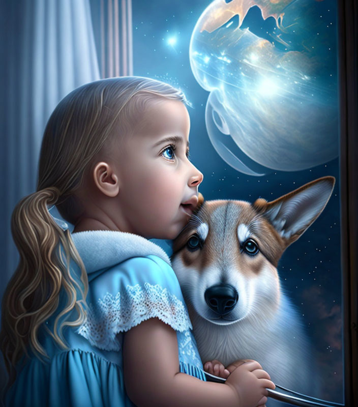 Blonde girl and corgi admire whimsical night sky