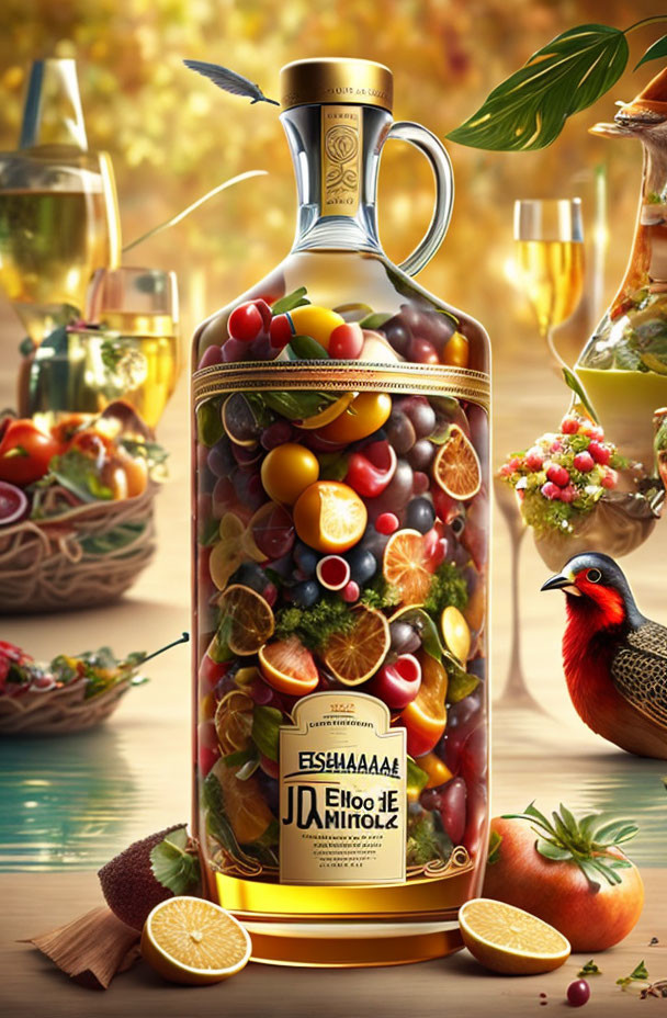 Colorful Fruit-filled Bottle in Orchard Setting with Bird and Glasses