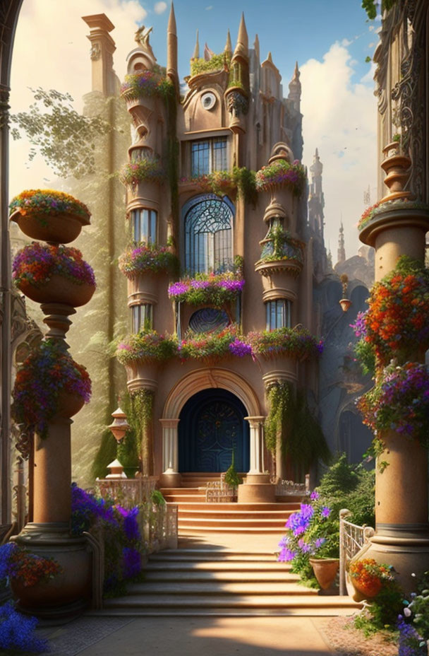 Towering castle with vibrant flower arrangements