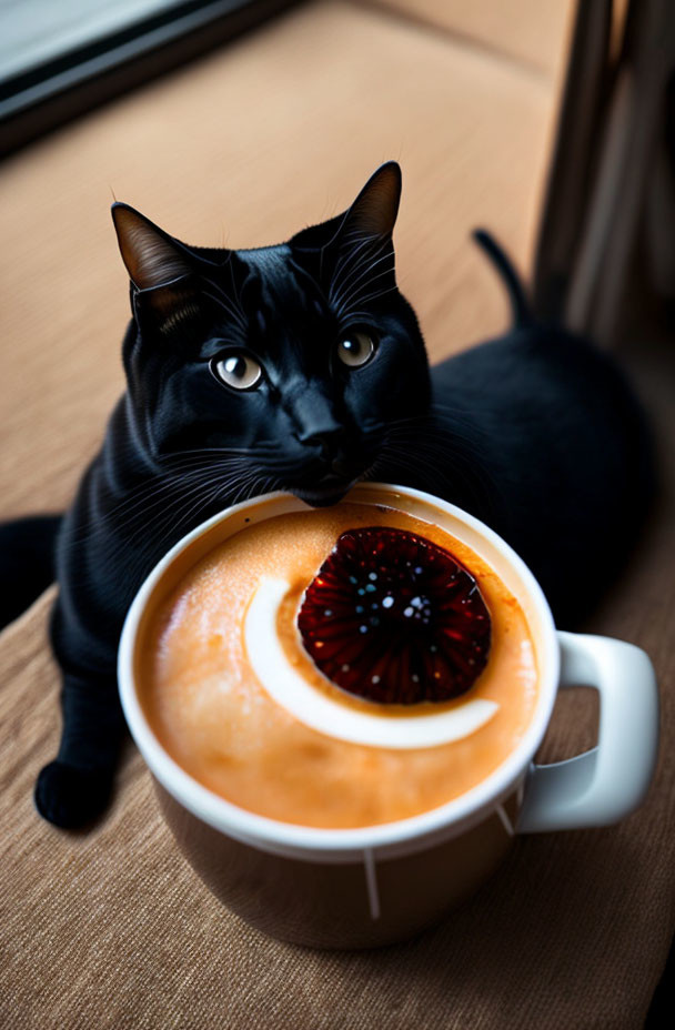 Black cat with yellow eyes and coffee cup with blood orange slice by window.