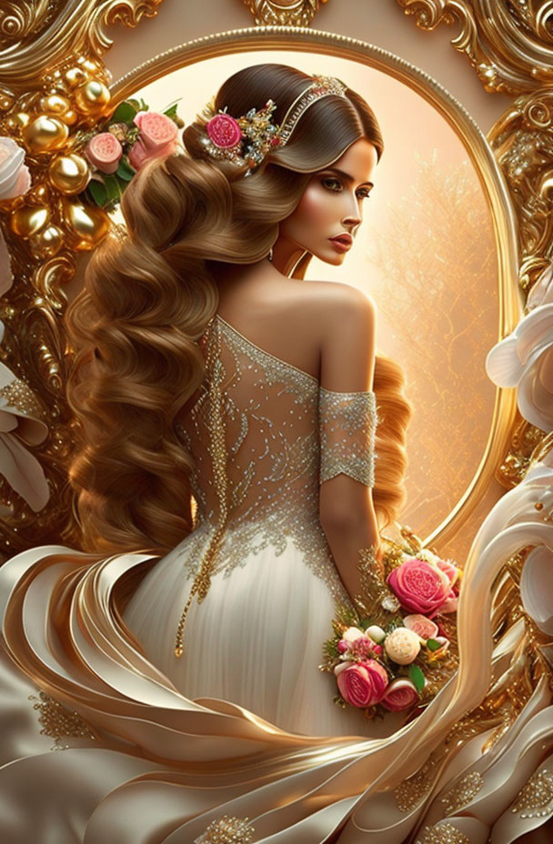 Woman with long wavy hair in ornate dress before intricate mirror with roses.