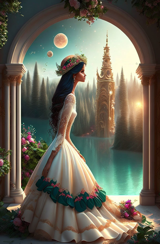 Woman in white gown admires clock tower in fantasy landscape