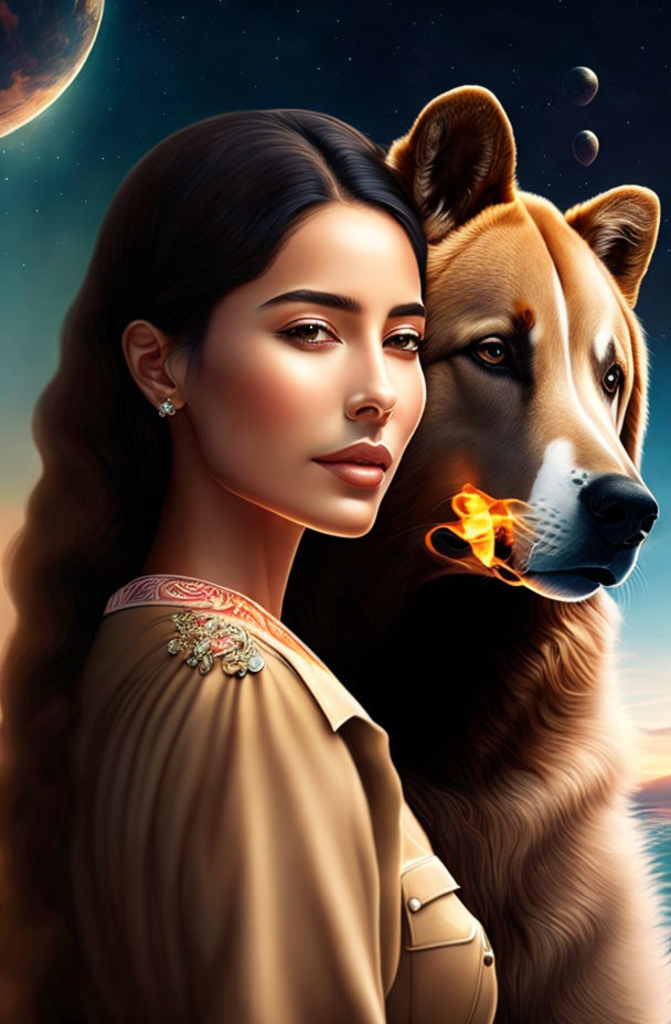 Digital artwork: Woman with dog and flaming bird in night sky